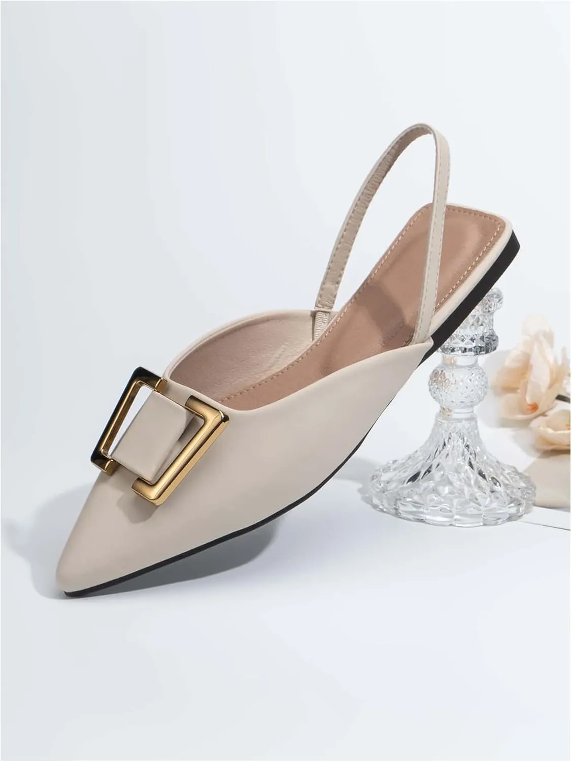 OYOANGLE Women's Metal Decor Pointed Toe Slingback Flats Slip on Ankle Strap Flat Shoes