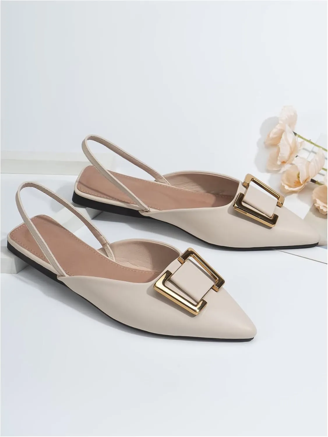 OYOANGLE Women's Metal Decor Pointed Toe Slingback Flats Slip on Ankle Strap Flat Shoes