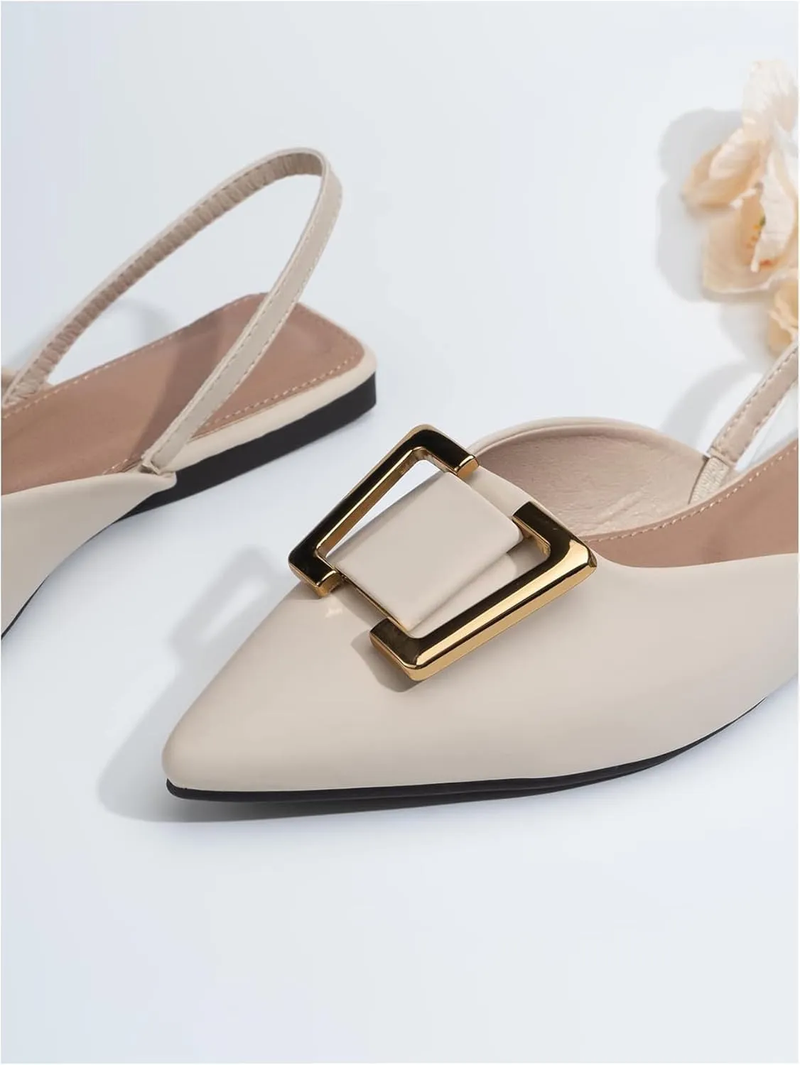 OYOANGLE Women's Metal Decor Pointed Toe Slingback Flats Slip on Ankle Strap Flat Shoes