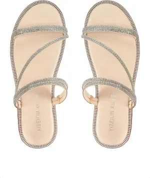 OYOANGLE Women's Rhinestone Flat Sandals Fashion Slides Open Toe Slide Casual Slippers