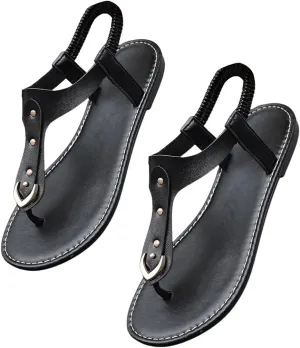 OYOANGLE Women's Toe Post Thong Sandals Open Toe Ankle Strap Dressy Flat Sandals