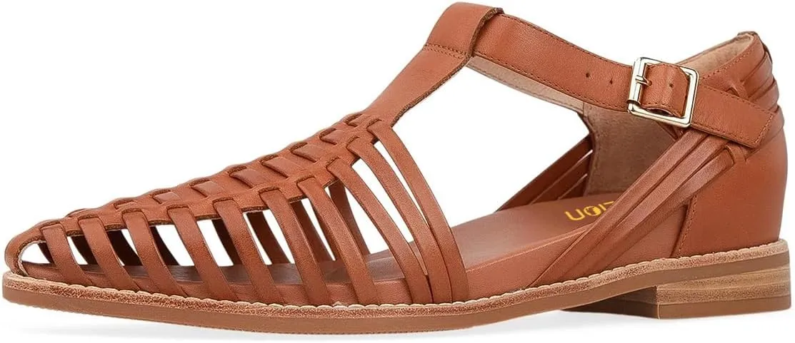 Pazzion Women Closed Toe Low Stacked Heel Sandals Cage Toe Ankle T-Strap Buckle Flats Summer Beach Walk Shoes Size 4-16 US