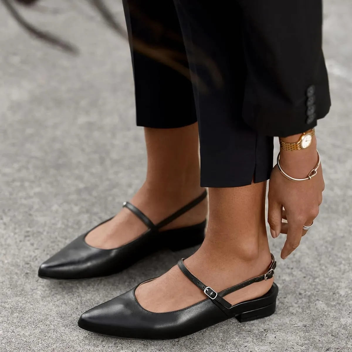 Pazzion Women's Closed Pointy Toe Low Heel Pumps Strap Buckle Slingback Flats Shoes for Casual Working Leisure Size 4-16 US