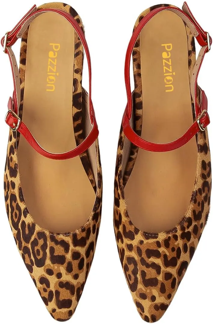Pazzion Women's Closed Pointy Toe Low Heel Pumps Strap Buckle Slingback Flats Shoes for Casual Working Leisure Size 4-16 US