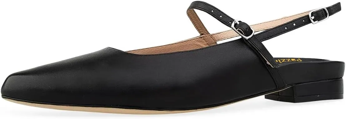 Pazzion Women's Closed Pointy Toe Low Heel Pumps Strap Buckle Slingback Flats Shoes for Casual Working Leisure Size 4-16 US