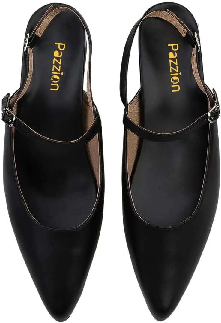 Pazzion Women's Closed Pointy Toe Low Heel Pumps Strap Buckle Slingback Flats Shoes for Casual Working Leisure Size 4-16 US