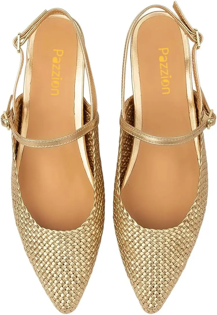 Pazzion Women's Closed Pointy Toe Low Heel Pumps Strap Buckle Slingback Flats Shoes for Casual Working Leisure Size 4-16 US