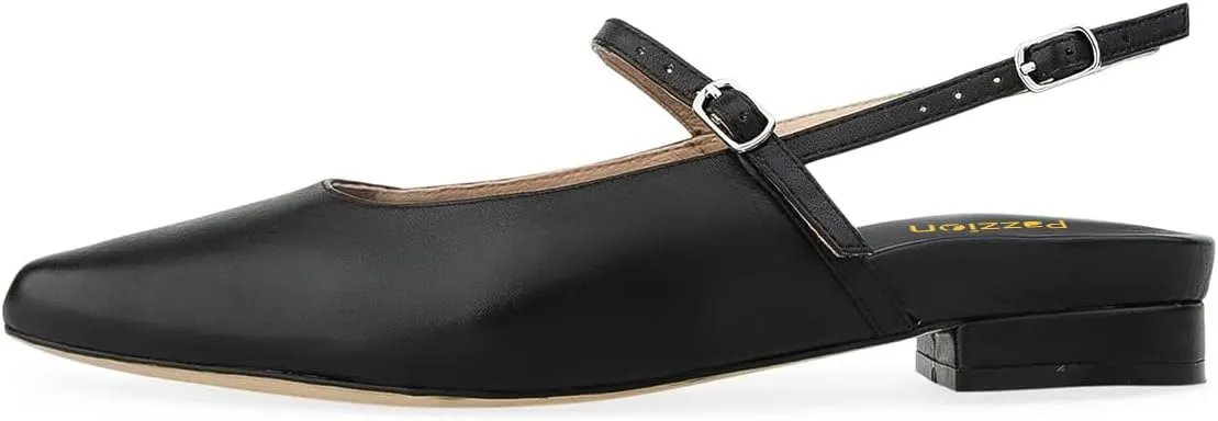 Pazzion Women's Closed Pointy Toe Low Heel Pumps Strap Buckle Slingback Flats Shoes for Casual Working Leisure Size 4-16 US