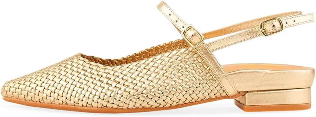 Pazzion Women's Closed Pointy Toe Low Heel Pumps Strap Buckle Slingback Flats Shoes for Casual Working Leisure Size 4-16 US