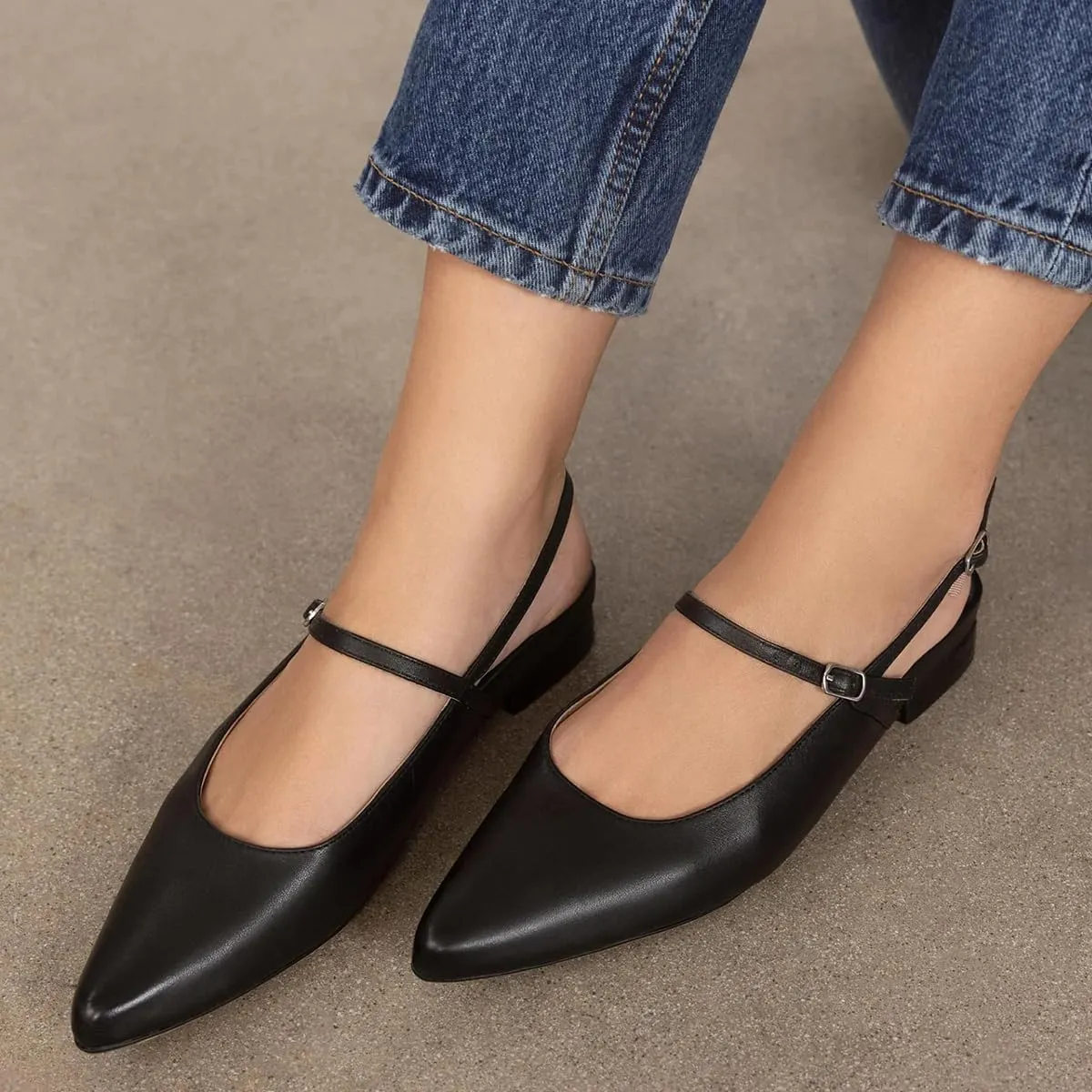 Pazzion Women's Closed Pointy Toe Low Heel Pumps Strap Buckle Slingback Flats Shoes for Casual Working Leisure Size 4-16 US