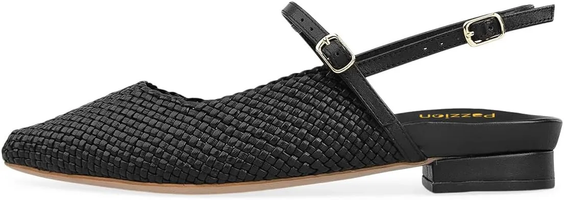 Pazzion Women's Closed Pointy Toe Low Heel Pumps Strap Buckle Slingback Flats Shoes for Casual Working Leisure Size 4-16 US