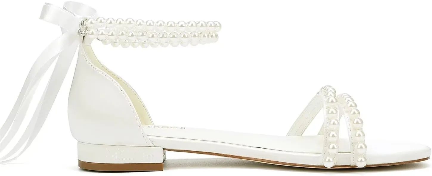 Pearl Flats Bridal Sandals Wedding Flats for Bride Open Toe Beach Wedding Shoes
