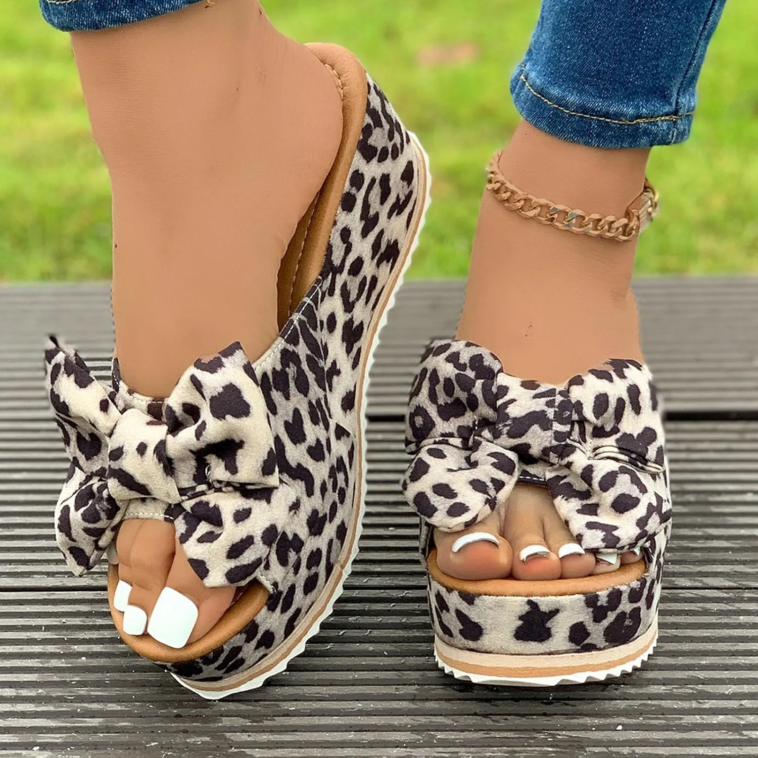 Platform Sandals for Women Trendy Bow-Knot Slide Wedge Slippers Comfortable Elegant Cute Beach Slippers Summer Walking Indoor Outdoor Shoes