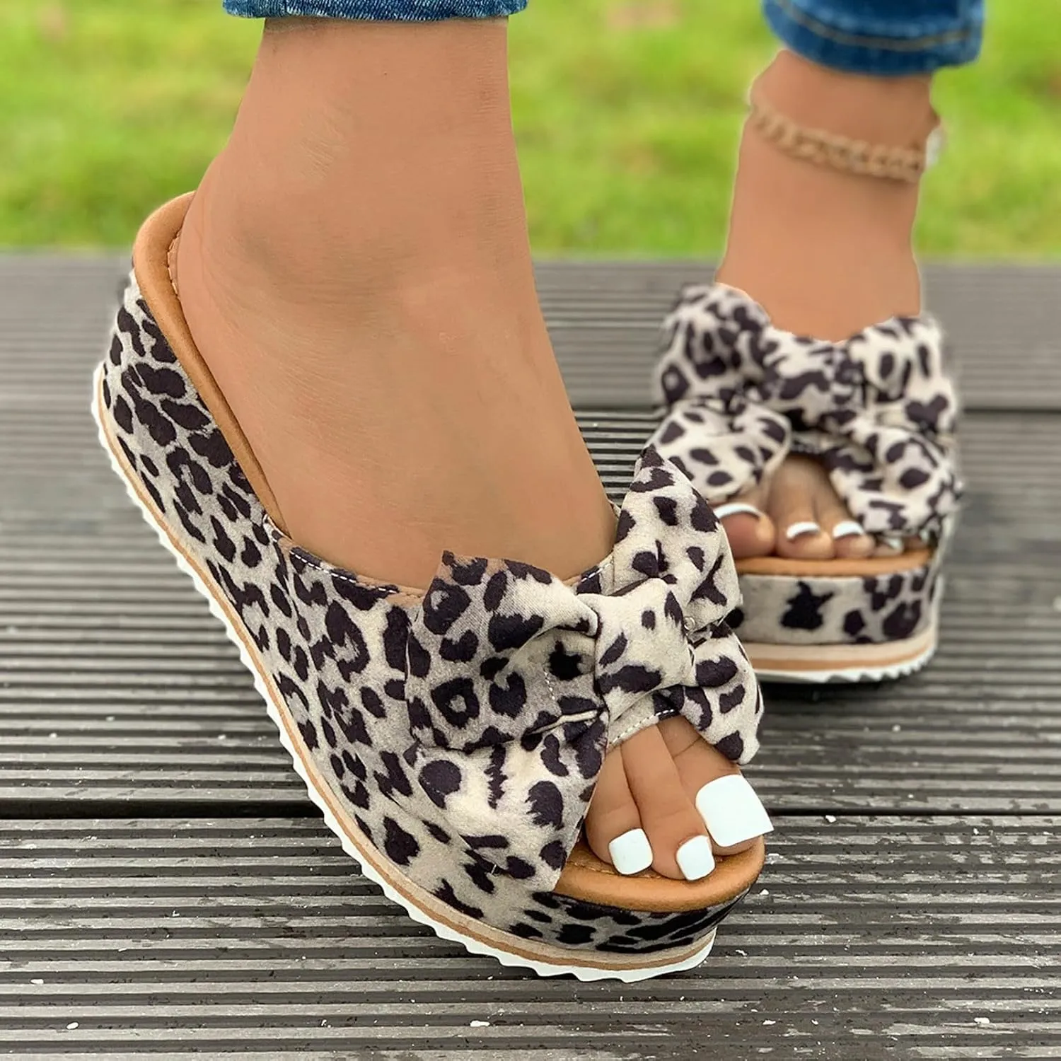 Platform Sandals for Women Trendy Bow-Knot Slide Wedge Slippers Comfortable Elegant Cute Beach Slippers Summer Walking Indoor Outdoor Shoes