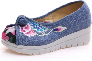 Qhome Women's Floral Embroidery Frog Linen Comfortable Casual Walking Canvas Loafers Shoes