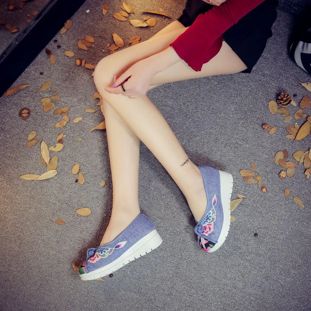 Qhome Women's Floral Embroidery Frog Linen Comfortable Casual Walking Canvas Loafers Shoes