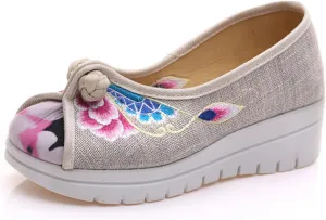 Qhome Women's Floral Embroidery Frog Linen Comfortable Casual Walking Canvas Loafers Shoes