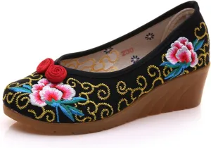 Qhome Women's Floral Embroidery Frog Linen Comfortable Casual Walking Canvas Wedges Loafers Shoes