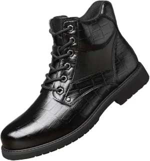 Retro crocodile pattern men's boots, men's cowhide printed pattern boots, men's mid top waterproof lace up boots