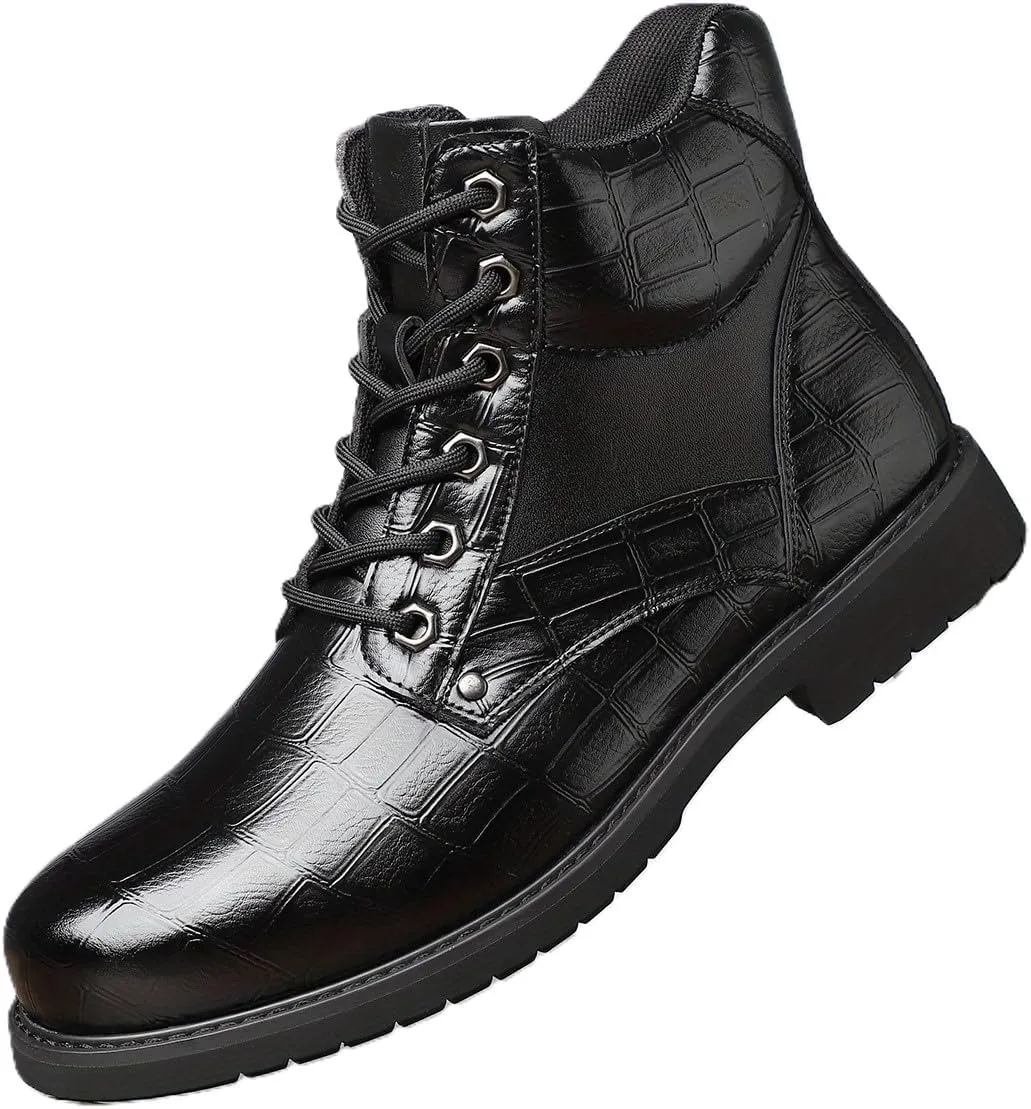 Retro crocodile pattern men's boots, men's cowhide printed pattern boots, men's mid top waterproof lace up boots