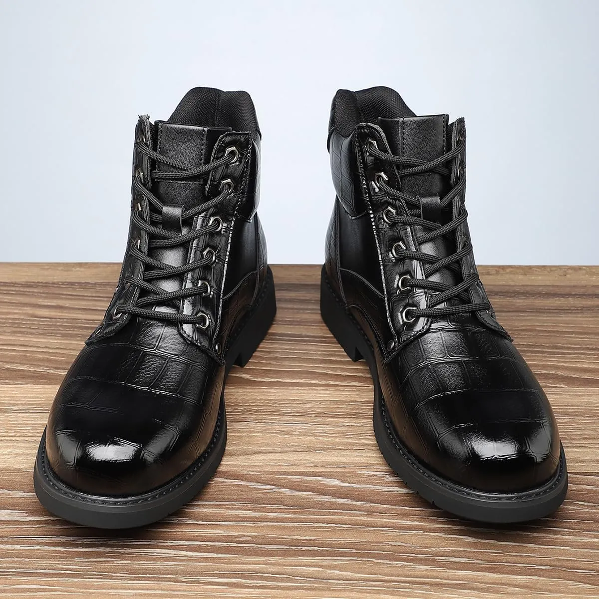 Retro crocodile pattern men's boots, men's cowhide printed pattern boots, men's mid top waterproof lace up boots
