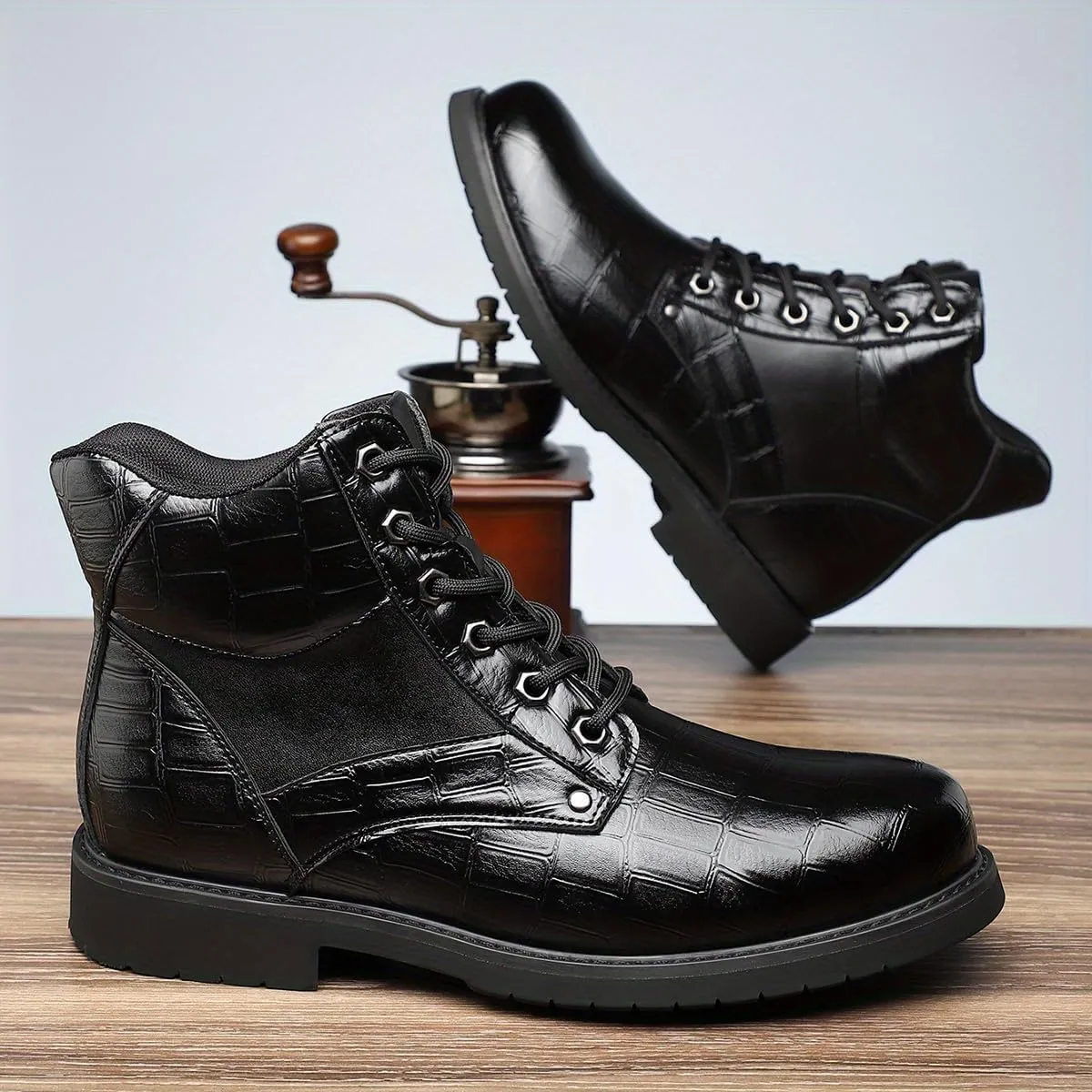 Retro crocodile pattern men's boots, men's cowhide printed pattern boots, men's mid top waterproof lace up boots