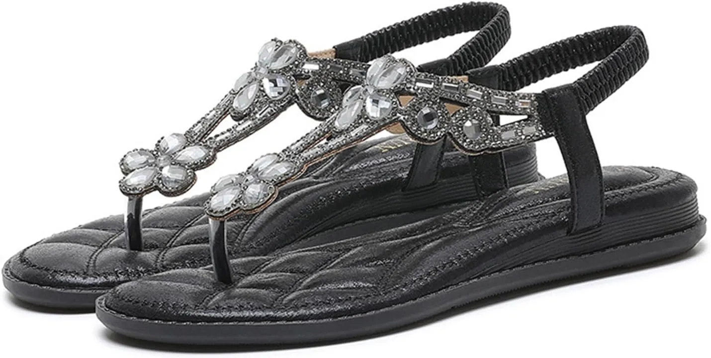 Rhinestone Sandals for Women Flat Women's T-Strap Beaded Flower Rhinestone Thong Flat Sandals Sparkling Boho Pearl Crystal Beach Shoes for Summers Dress Beach