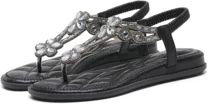 Rhinestone Sandals for Women Flat Women's T-Strap Beaded Flower Rhinestone Thong Flat Sandals Sparkling Boho Pearl Crystal Beach Shoes for Summers Dress Beach