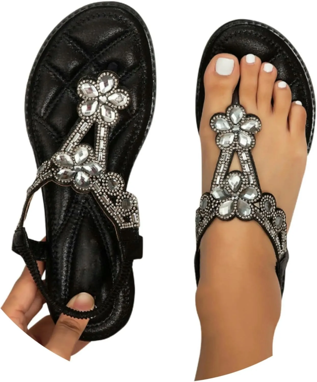 Rhinestone Sandals for Women Flat Women's T-Strap Beaded Flower Rhinestone Thong Flat Sandals Sparkling Boho Pearl Crystal Beach Shoes for Summers Dress Beach