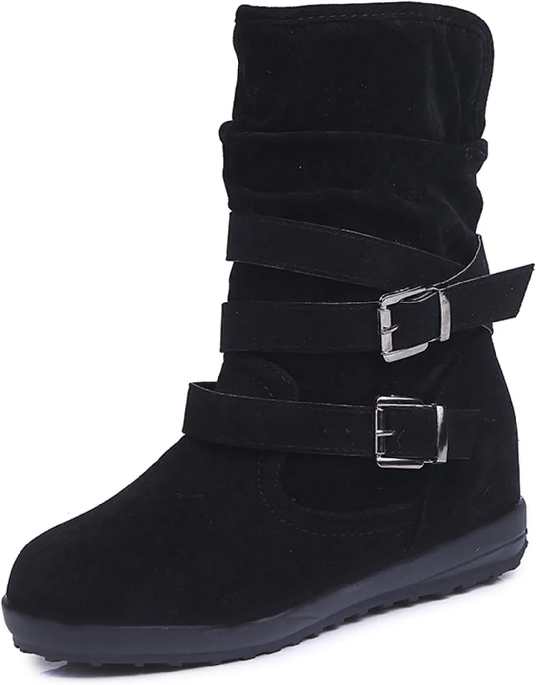 SACFOF Womens Ankle Boots Slip On Mid-Calf Slouch Booties Fashion Casual Slouch Buckle Strap Mid Calf Booties