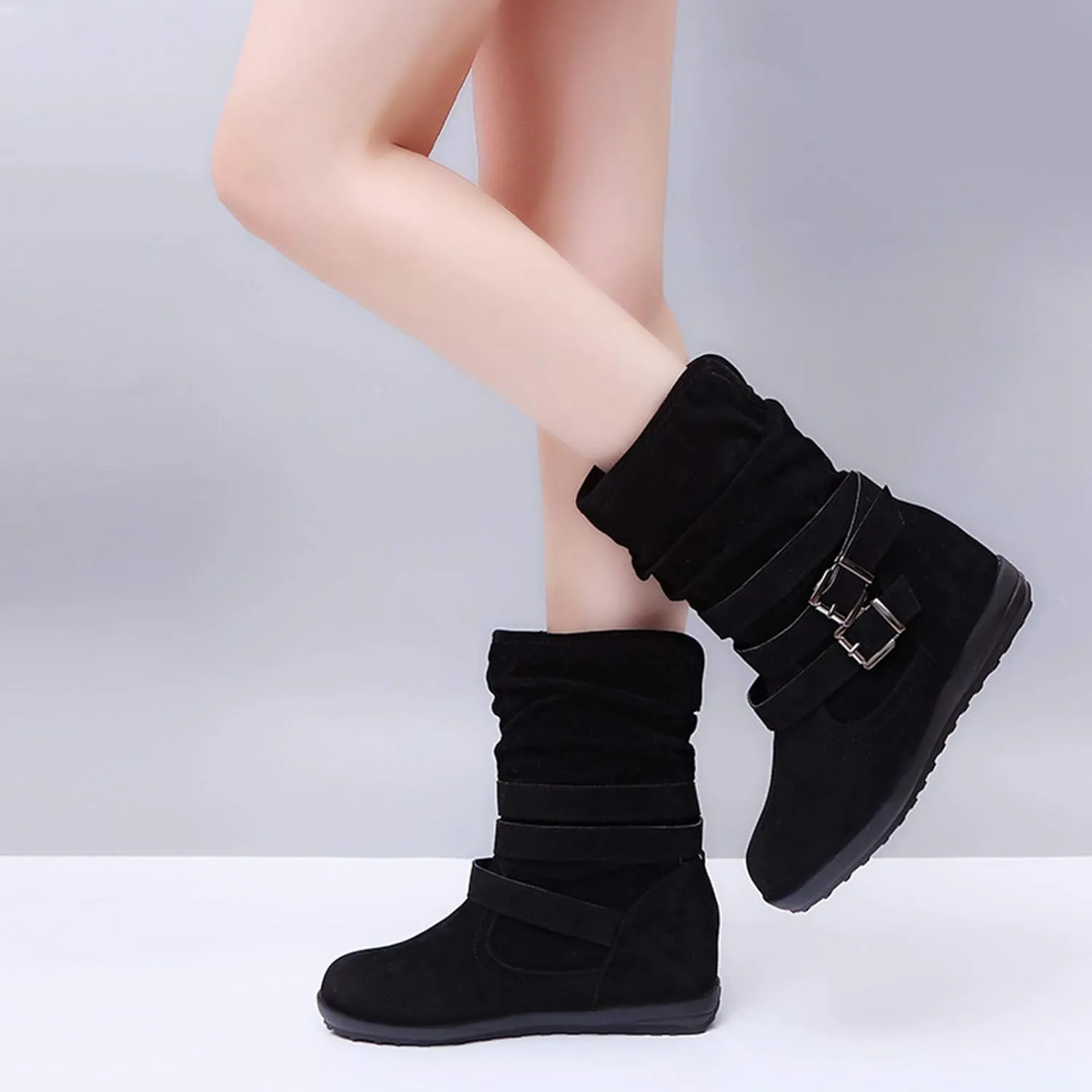 SACFOF Womens Ankle Boots Slip On Mid-Calf Slouch Booties Fashion Casual Slouch Buckle Strap Mid Calf Booties