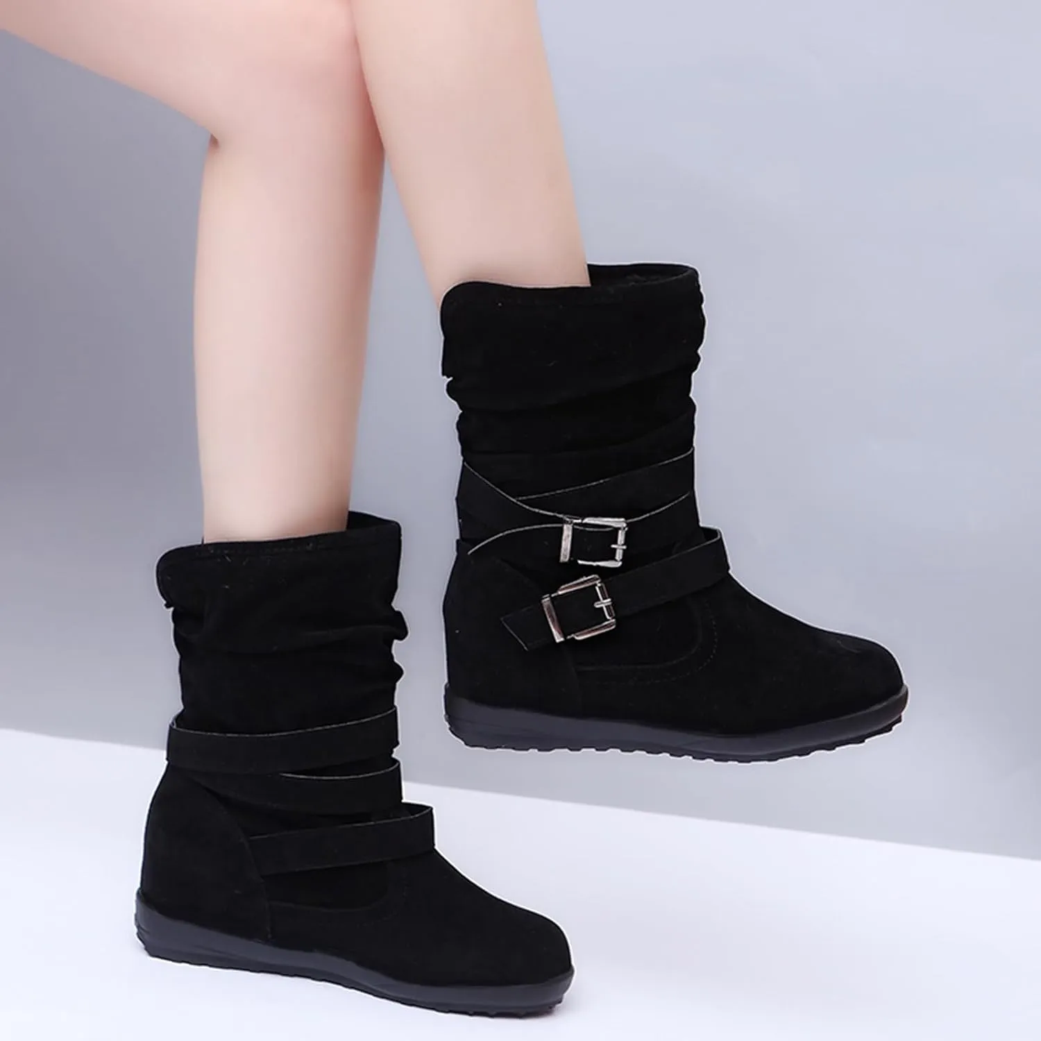 SACFOF Womens Ankle Boots Slip On Mid-Calf Slouch Booties Fashion Casual Slouch Buckle Strap Mid Calf Booties