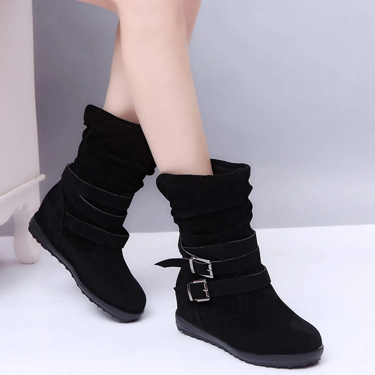SACFOF Womens Ankle Boots Slip On Mid-Calf Slouch Booties Fashion Casual Slouch Buckle Strap Mid Calf Booties