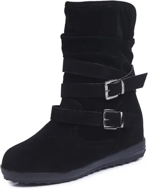 SACFOF Womens Ankle Boots Slip On Mid-Calf Slouch Booties Fashion Casual Slouch Buckle Strap Mid Calf Booties