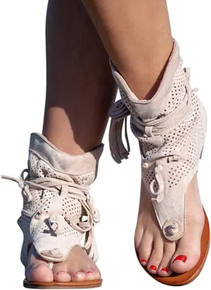 Sandals Women Tassel Ankle Boots, Retro Bohemian Sandals Beach Travel Shoes Clip Toe Flip Flops High Top Flat Casual Dressy Sandals