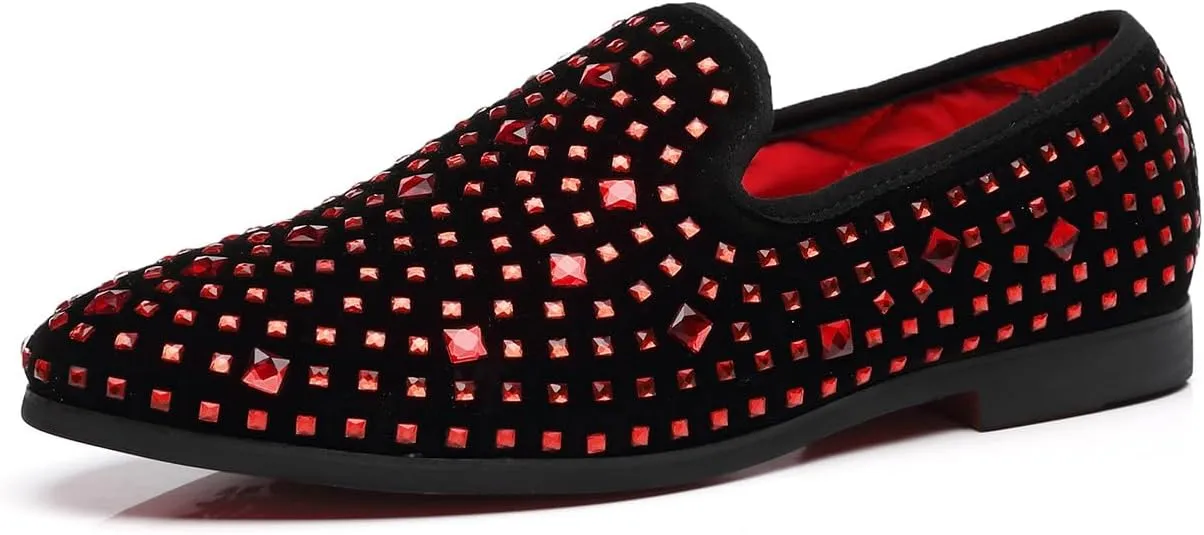 Santimon Loafer Smoking Slipper Moccasins Men Slip on Handmade Rhinestone Studded Pointed Toe Shoes Black