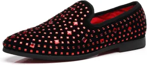 Santimon Loafer Smoking Slipper Moccasins Men Slip on Handmade Rhinestone Studded Pointed Toe Shoes Black