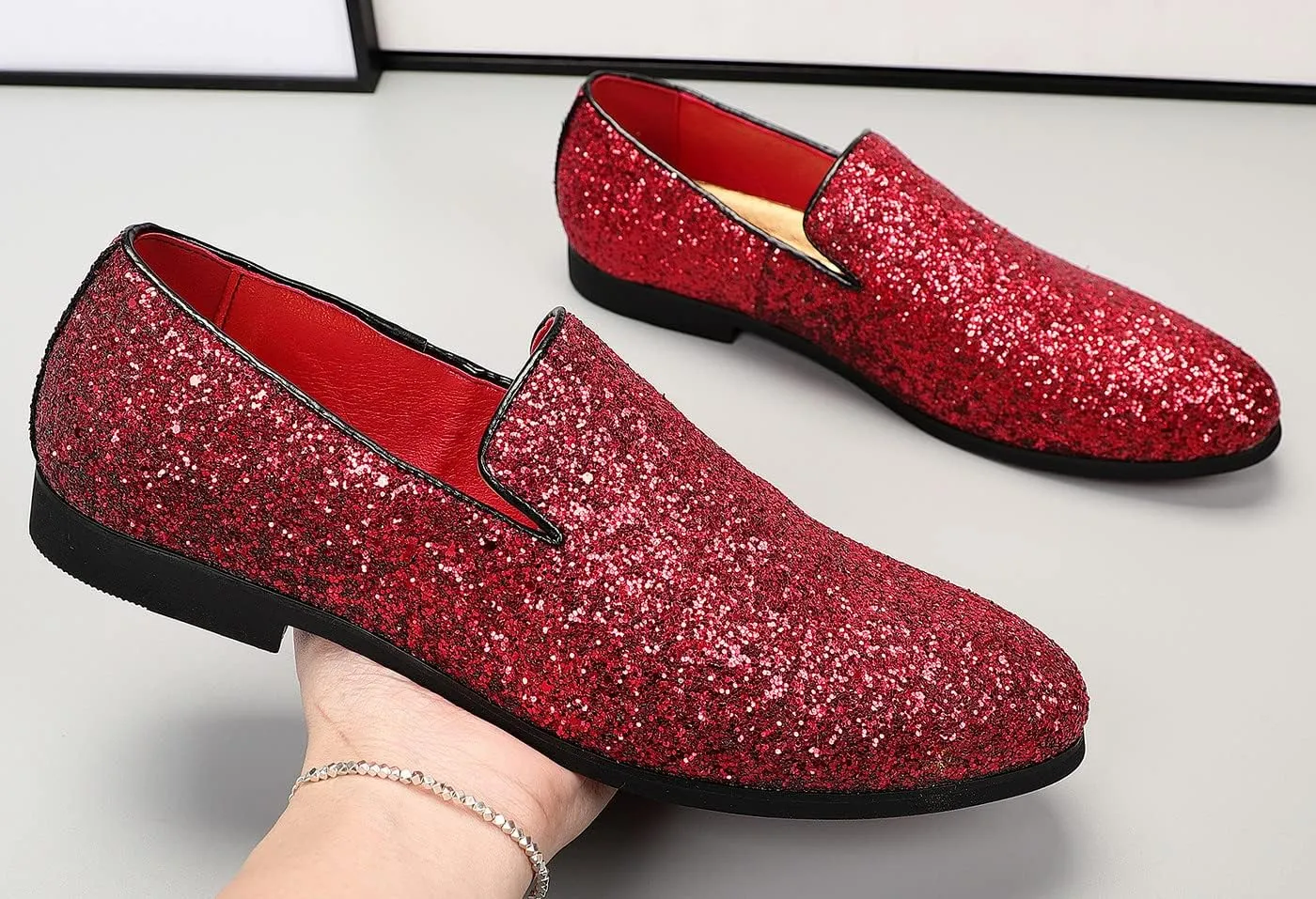 Santimon Mens Glitter Loafers Slip-On Dress Shoes – Sparkly Tuxedo & Suit Shoes for Weddings, Parties, and Formal Events