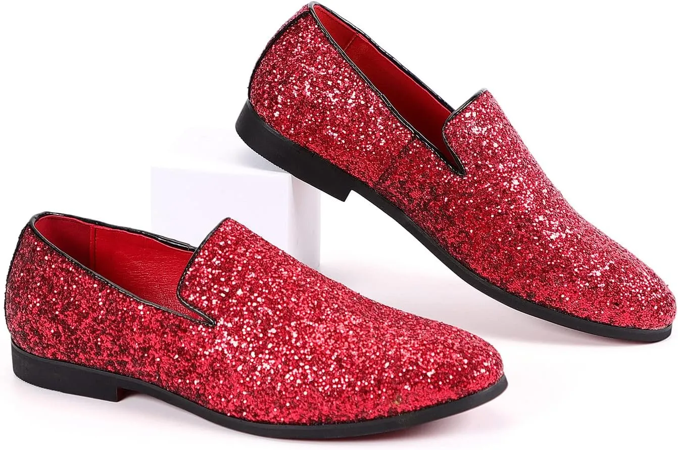 Santimon Mens Glitter Loafers Slip-On Dress Shoes – Sparkly Tuxedo & Suit Shoes for Weddings, Parties, and Formal Events