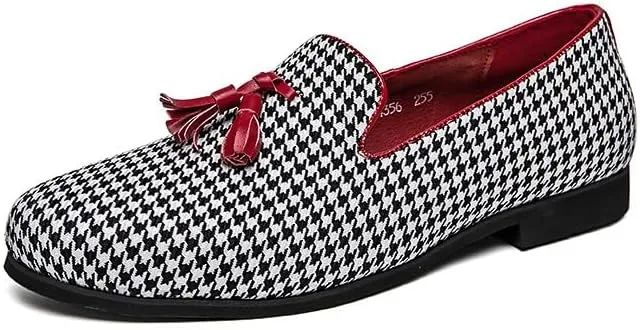 Santimon Mens Loafers Wedding Dress Shoes Slip-On Hounstooth Tassel Loafers for Men Tuxedo Suit Shoes