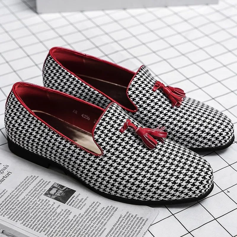 Santimon Mens Loafers Wedding Dress Shoes Slip-On Hounstooth Tassel Loafers for Men Tuxedo Suit Shoes