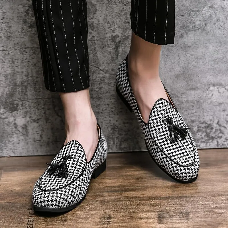 Santimon Mens Loafers Wedding Dress Shoes Slip-On Hounstooth Tassel Loafers for Men Tuxedo Suit Shoes