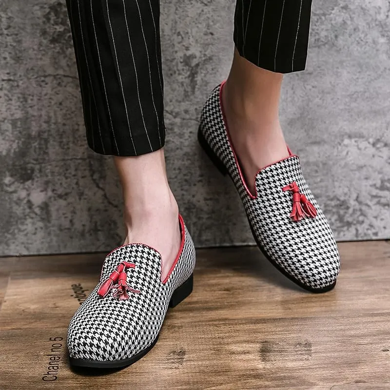 Santimon Mens Loafers Wedding Dress Shoes Slip-On Hounstooth Tassel Loafers for Men Tuxedo Suit Shoes