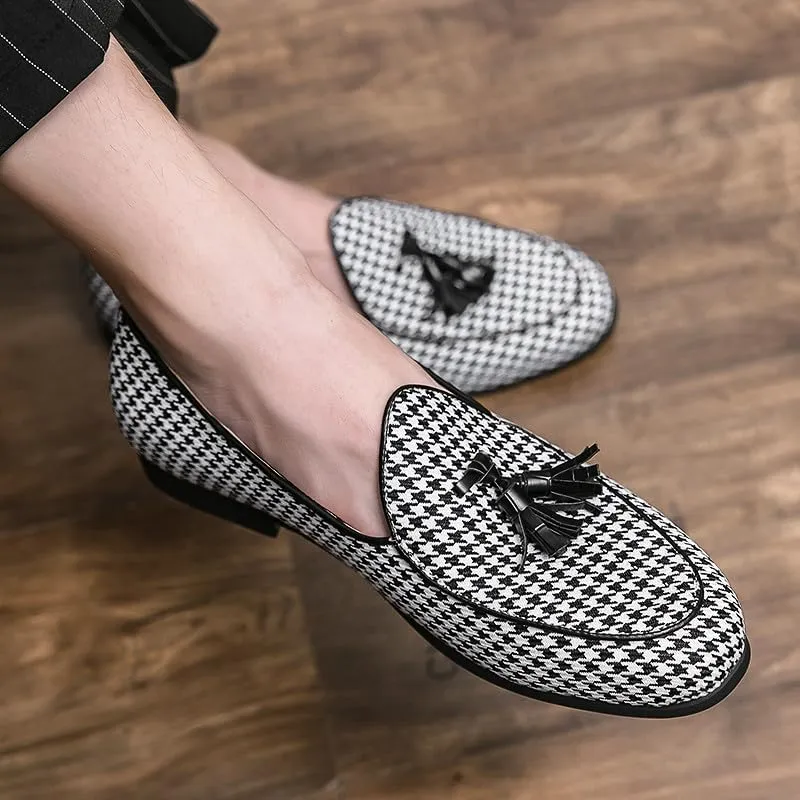 Santimon Mens Loafers Wedding Dress Shoes Slip-On Hounstooth Tassel Loafers for Men Tuxedo Suit Shoes