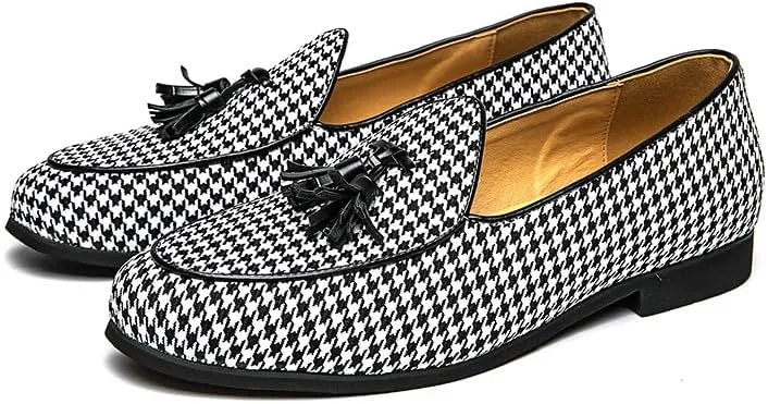 Santimon Mens Loafers Wedding Dress Shoes Slip-On Hounstooth Tassel Loafers for Men Tuxedo Suit Shoes
