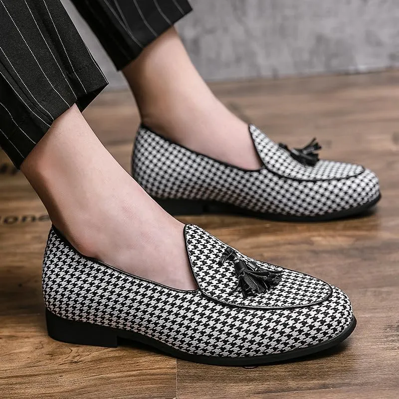 Santimon Mens Loafers Wedding Dress Shoes Slip-On Hounstooth Tassel Loafers for Men Tuxedo Suit Shoes