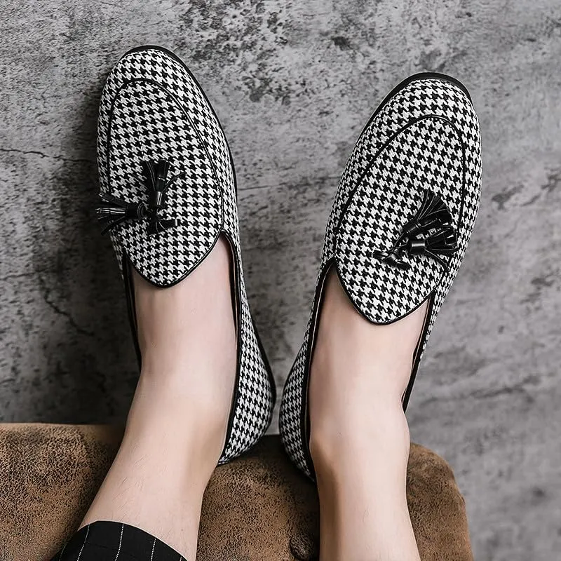 Santimon Mens Loafers Wedding Dress Shoes Slip-On Hounstooth Tassel Loafers for Men Tuxedo Suit Shoes