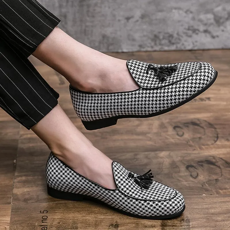 Santimon Mens Loafers Wedding Dress Shoes Slip-On Hounstooth Tassel Loafers for Men Tuxedo Suit Shoes