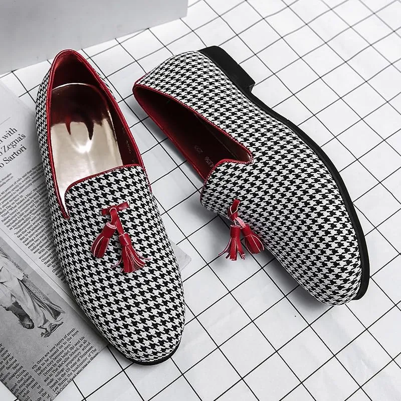 Santimon Mens Loafers Wedding Dress Shoes Slip-On Hounstooth Tassel Loafers for Men Tuxedo Suit Shoes