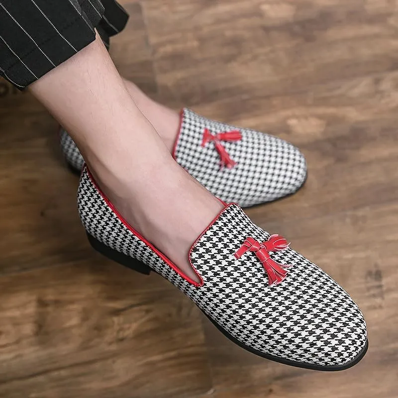 Santimon Mens Loafers Wedding Dress Shoes Slip-On Hounstooth Tassel Loafers for Men Tuxedo Suit Shoes
